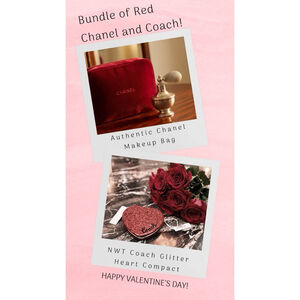 Chanel Red Velvet Cosmetic Bag & NWT Coach Glitter Heart Compact One Size